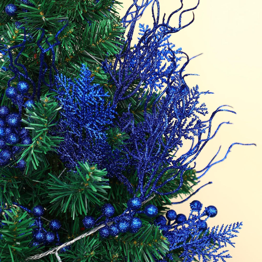 75 Pcs Christmas Glitter Branches 3 Styles Artificial Christmas Picks Berries Stems Pine Needles Floral Twig Spray for Xmas Tree Ornaments DIY Wreath Garland(Blue)
