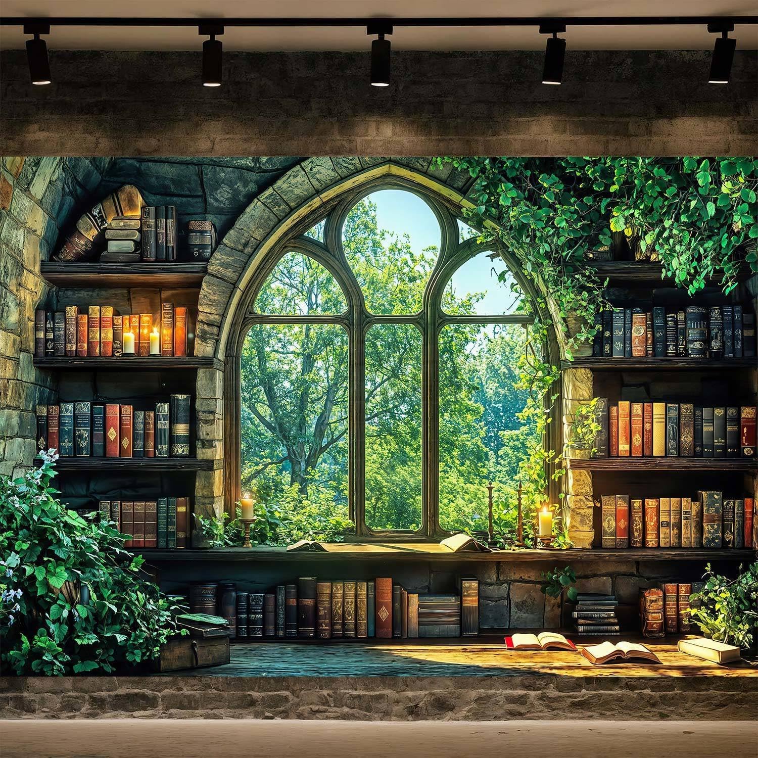 10X6ft Vintage Forest Bookshelf Backdrop Retro Green Forest Library Window Photography Background Photo Studio Props for The World Book Day Birthday Party Decor