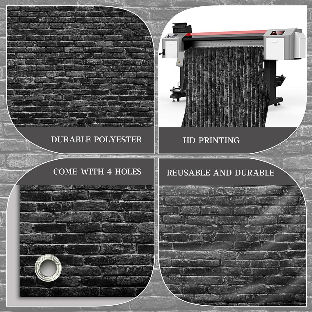 Black Brick Wall Backdrop Banner - Gothic Photography Background for Halloween Studio, Dark Theme Party, Portrait, Home Decor 72x43 Inch