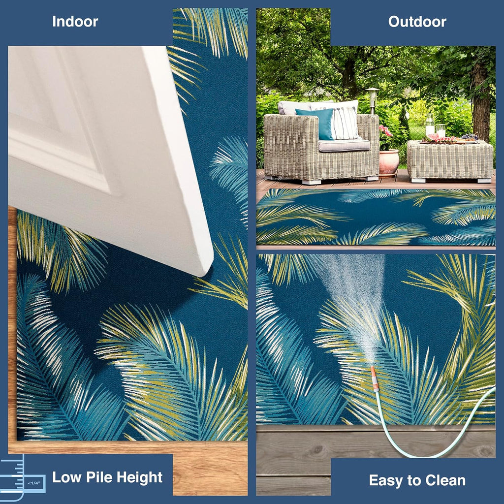 Liora Manne Marina Indoor/Outdoor Power Loomed Synthetic Blend Low Profile Area Rug - Transitional Border Botanical Beach Colorful (Palm Border Navy) (4'10" x 7'6")