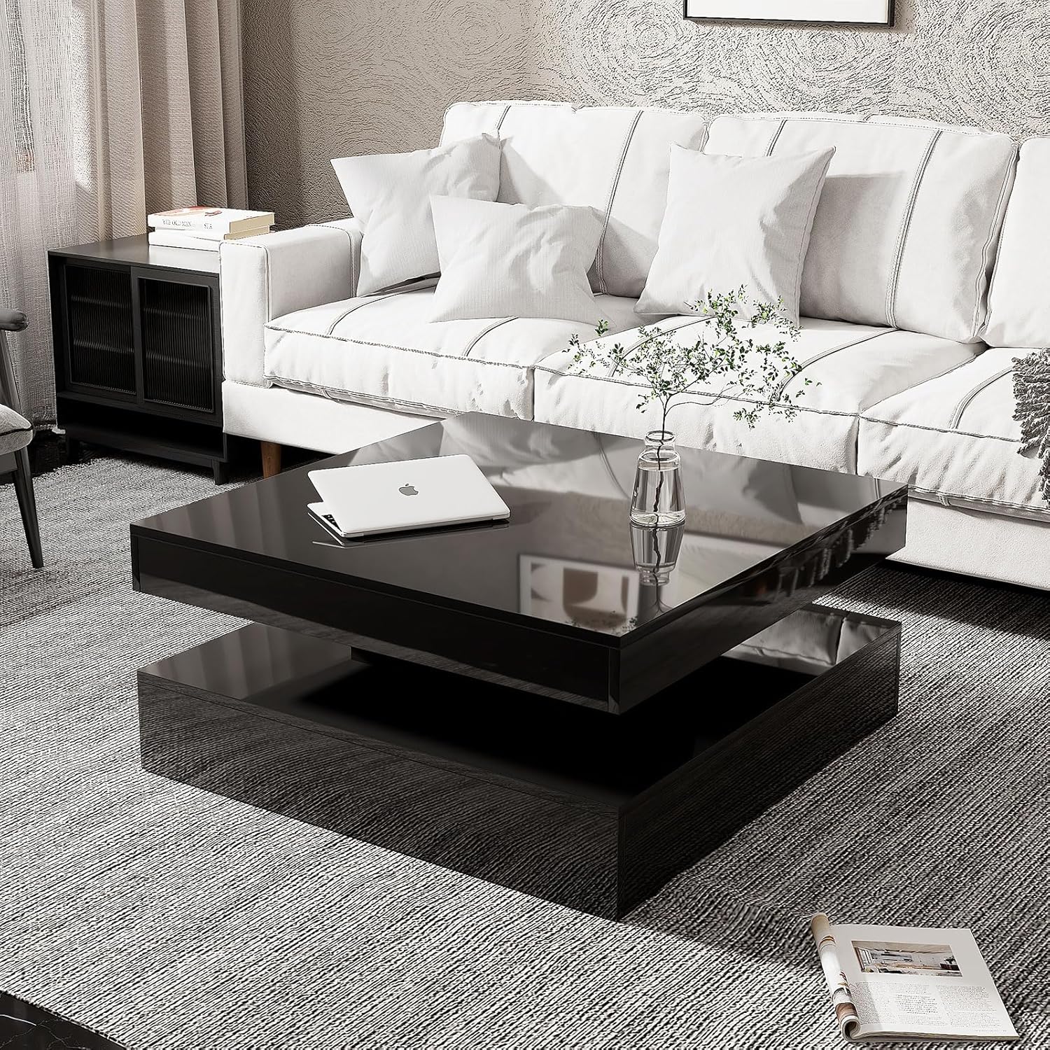Black LED Coffee Table for Living Room, Living Room Table 2-Tier Square Middle Center Table, Modern Coffee Tables with Storage, Contemporary Wood Tea Tables for Dining Reception
