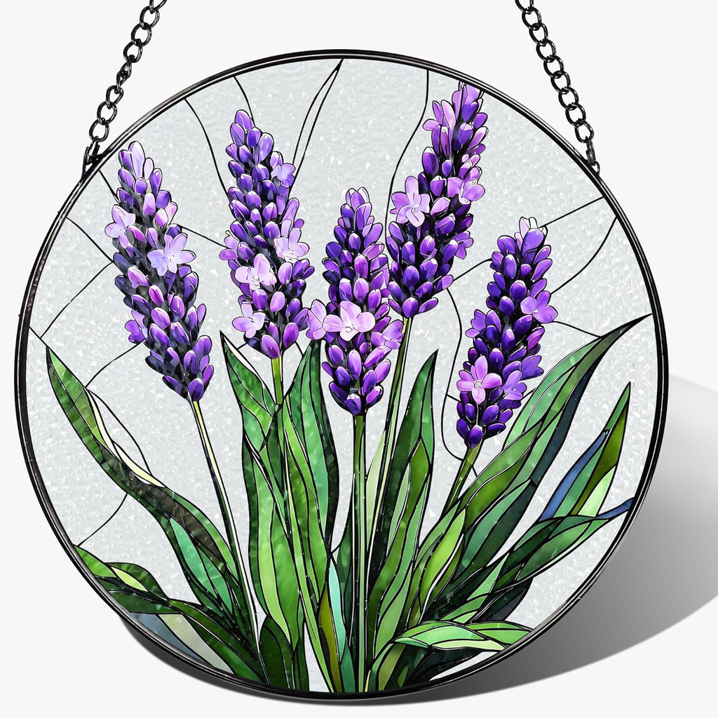 Stained Glass Window Hanging, 8 Inch Lavender Stained Glass Suncatcher, Flower Sun Catcher, Window Hanging Decor, Flower Lovers Gift for Her, Housewarming Gift, Gifts for Lover, Bestie and Couple