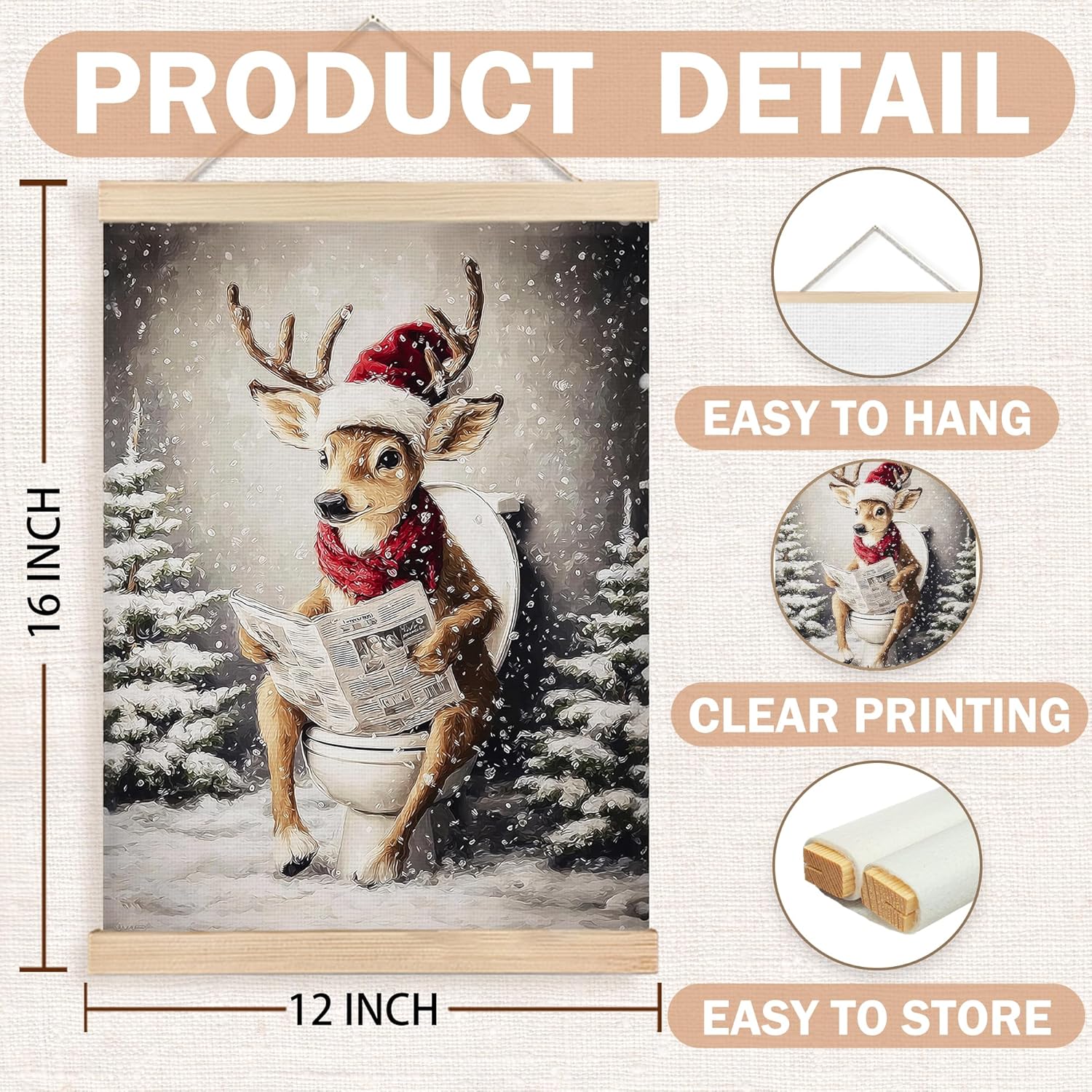 FDHSPAAM Funny Christmas Deer Bathroom Wall Art Decor, Christmas Bathroom Decor, Vintage Holiday Xmas Tree Rustic Winter Wall Art Posters for Washroom Restroom, 12x16 Inch