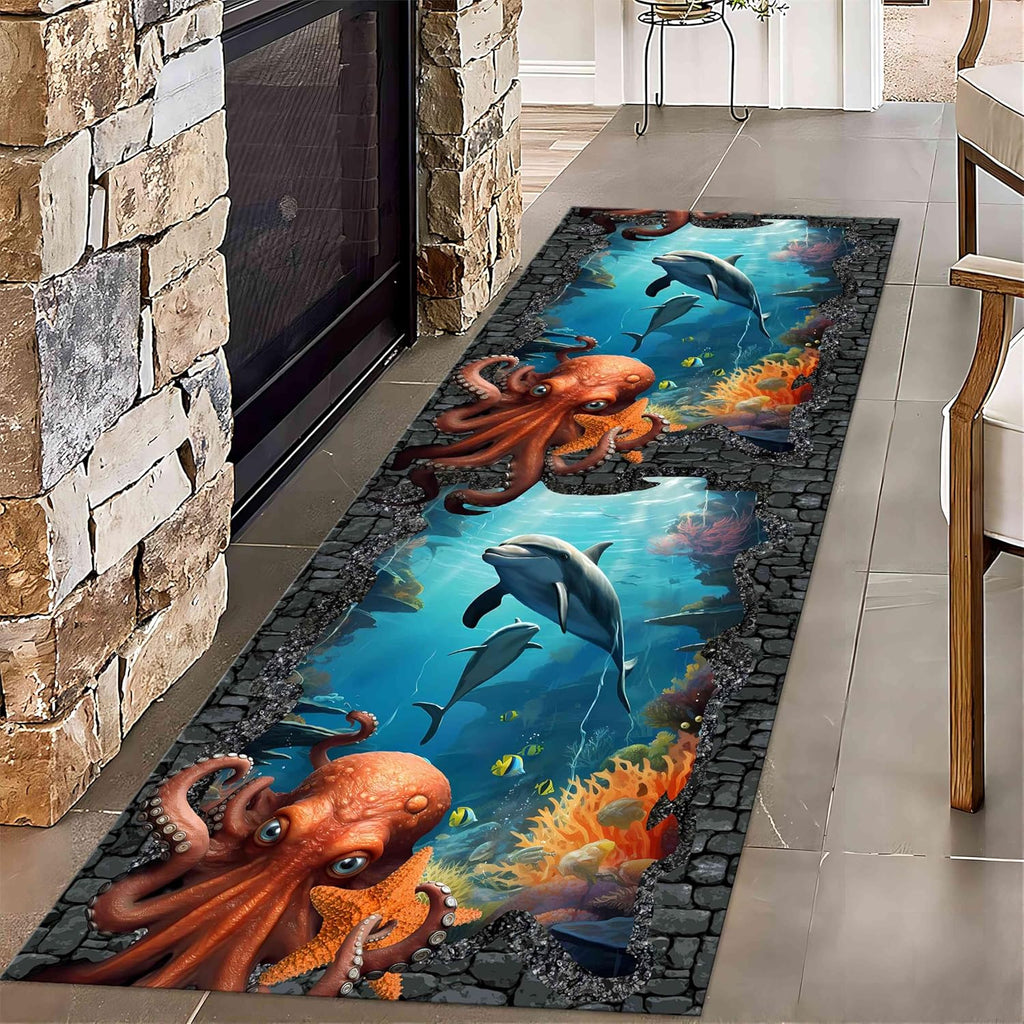 Ocean Octopus Runner Rug, 2.6x10ft, 3D Illusion Trap Ocean Nautical Whale Nautical Rug, Washable Rug Soft Non-Slip Octopus Rug Runners for Hallway Boys Girls Bedroom Game Mat