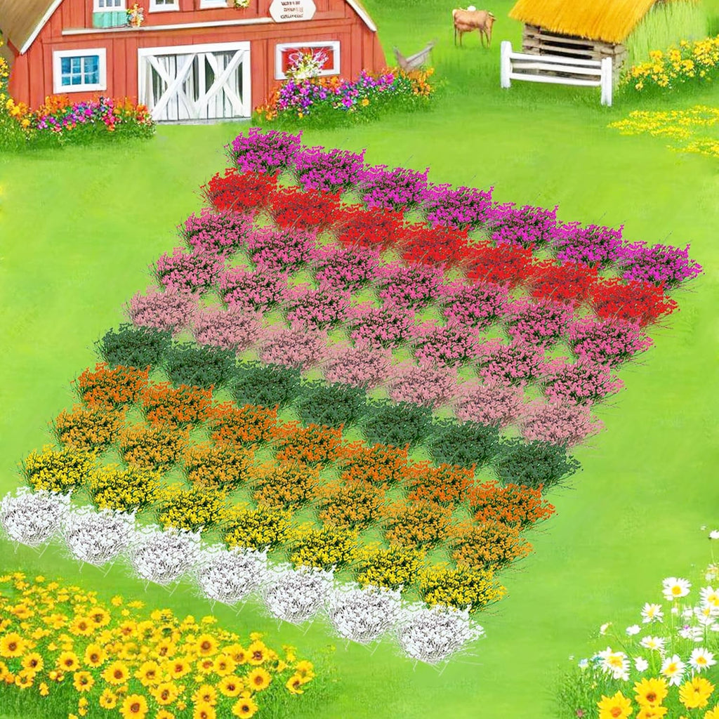 Potanro 70pcs Miniature Flowers Cluster for Crafts,Mini Flowers Self Adhesive,Flower Vegetation Groups, Static Miniature Plants Diorama Base Materials Supplies,for Train Railroad Military Model
