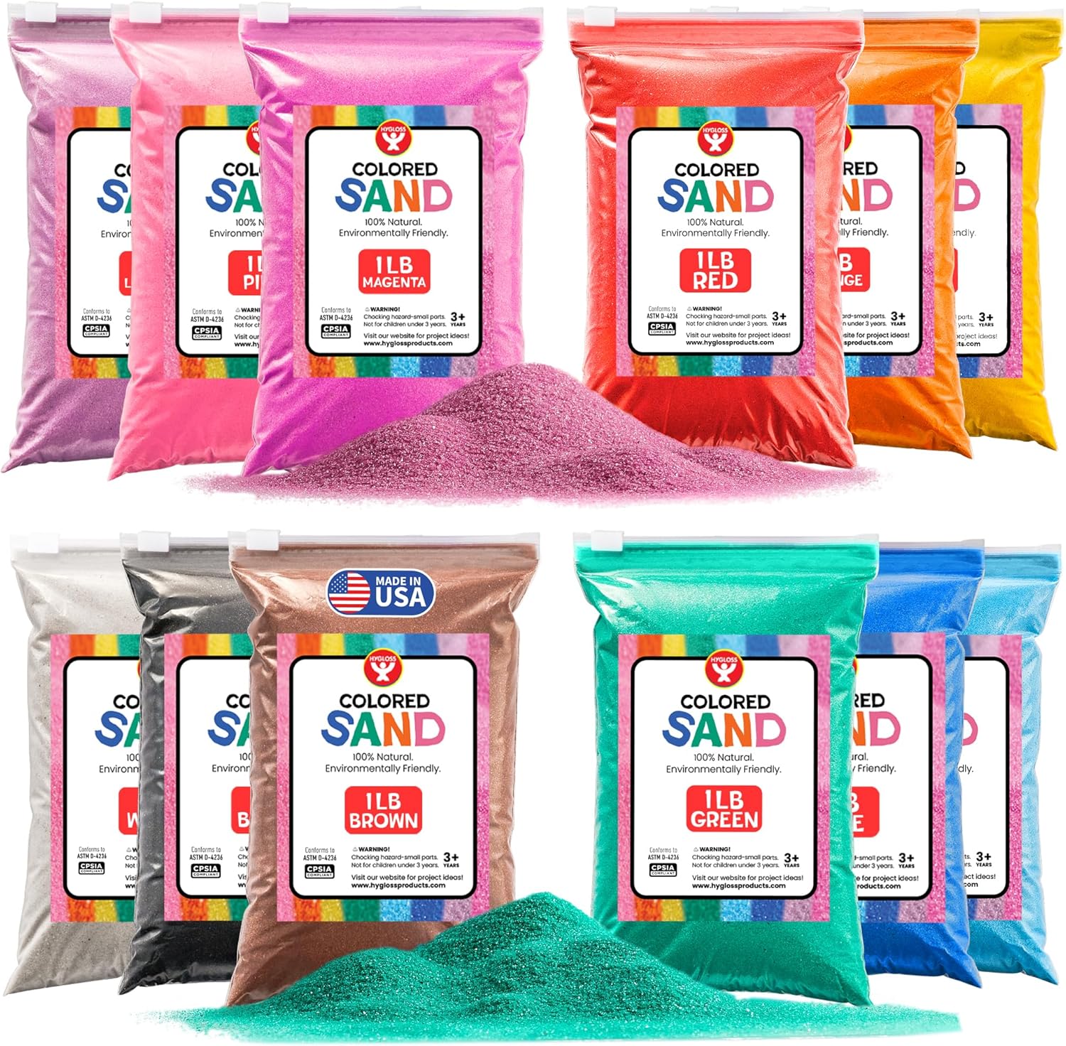 Hygloss Colored Sand for Crafts - 12 Assorted Colors Bags - 1 lb Vibrant Colorful Fine Sensory Play Sand Art Kits for Kids - Classroom Activities for Children 3 4 5 6 7 8 9 10 11 12 - Safe for Ages 3+