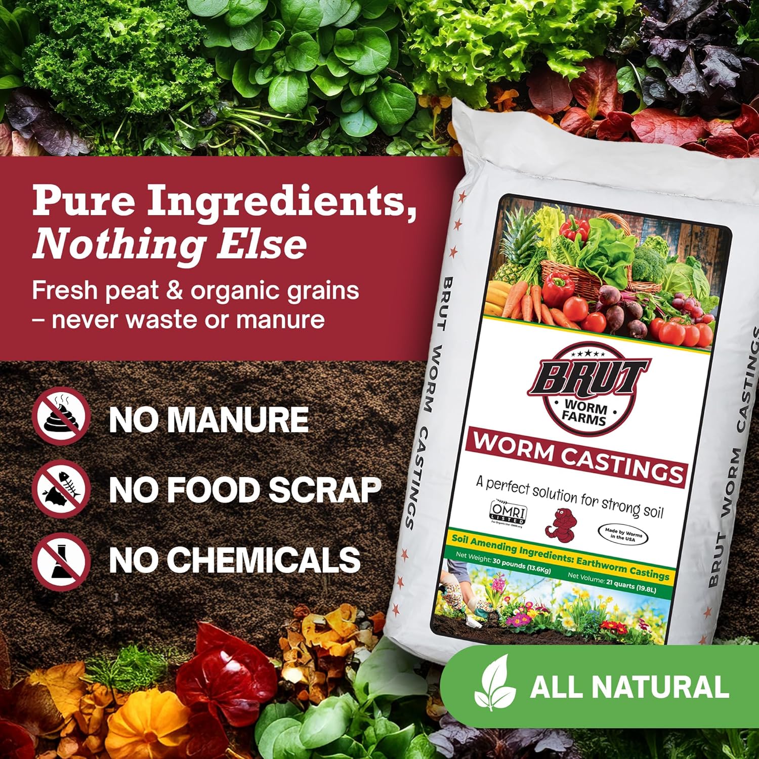 Brut Organic Worm Castings for Plants 30 LB – Natural Nutrients, Fertility Builder, Plant Food for Potting Soil and Garden Soil – Indoor and Outdoor Use