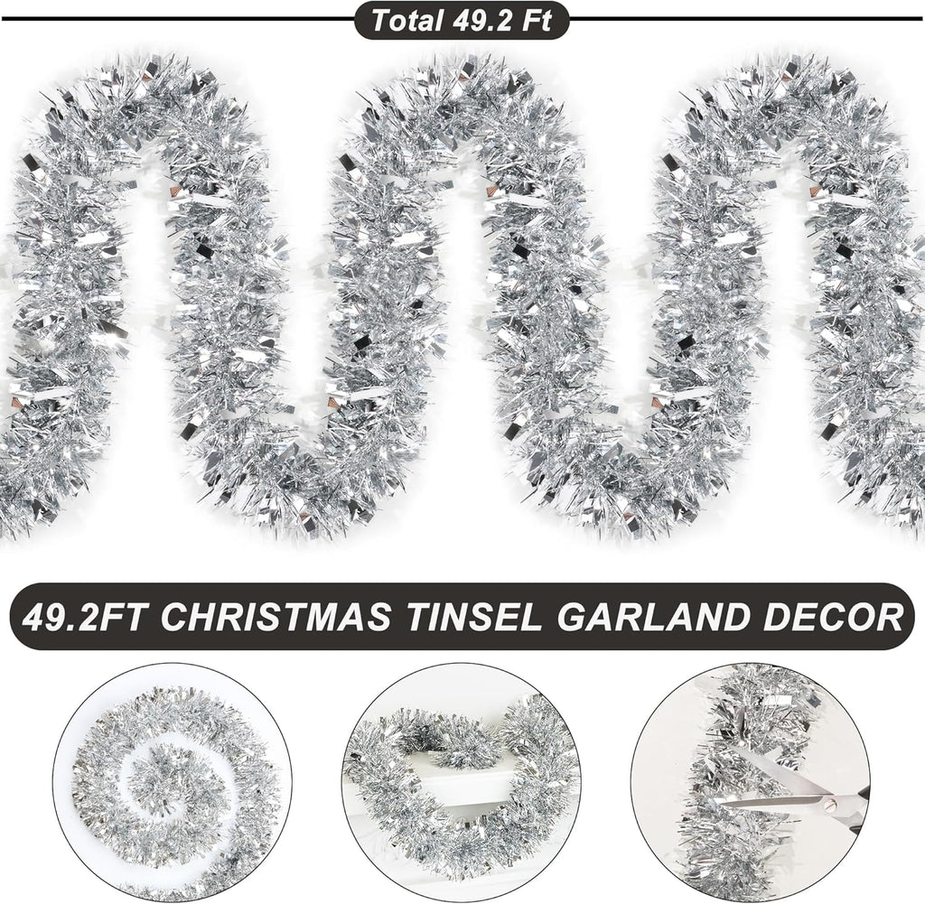 50 Feet Silver Christmas Tinsel Garland Metallic Twist Shiny Hanging Garland for Christmas Tree Decorations Xmas Holiday Decor for Home Indoor Outdoor Party Supplies - Silver