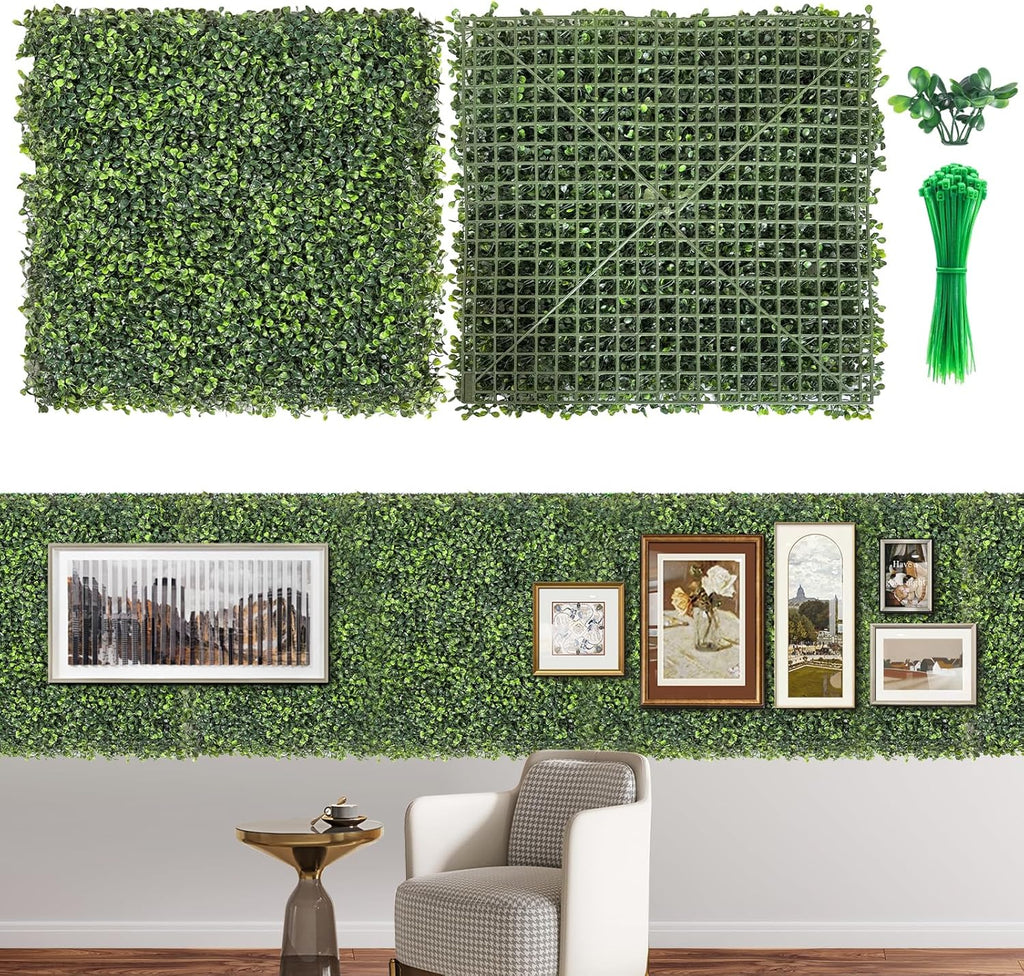 Artificial Grass Wall Panels, 24 PCS 20x20 inch Boxwood Hedge Wall Panels with 100 Zip Ties, Boxwood Backdrop for Outdoor Indoor Decorative Fences Privacy Hedge