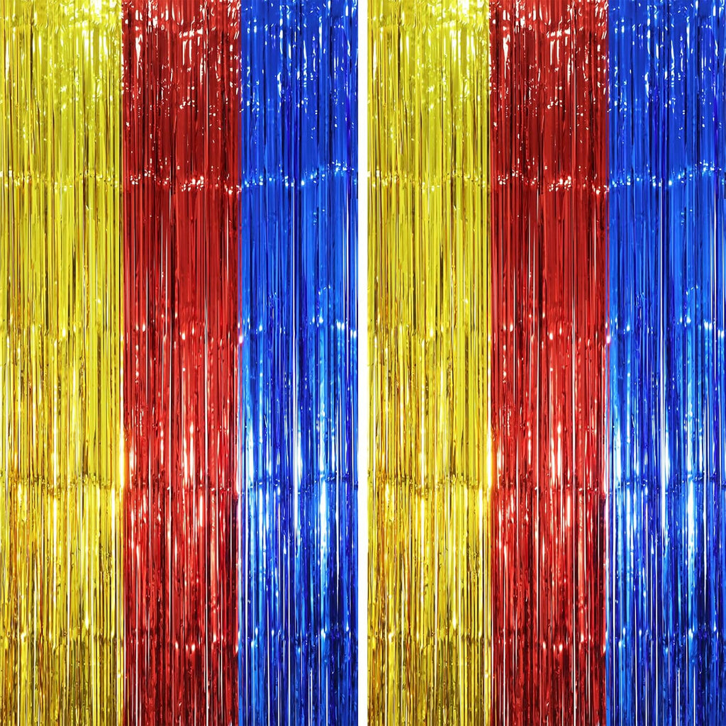 2 Pack Blue Red Gold Foil Fringe Backdrop Curtains, Tinsel Streamers Party Decorations, Fringe Backdrop, Door Shimmer for Birthday Party
