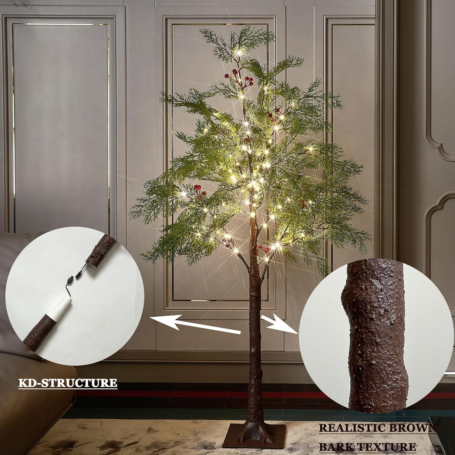 Hairui Lighted Christmas Pine Tree 90 LED Fairy Lights 4FT Plug in, Faux Cypress Tree Lights with Red Berry for Indoor Outdoor Home Holiday Decoration
