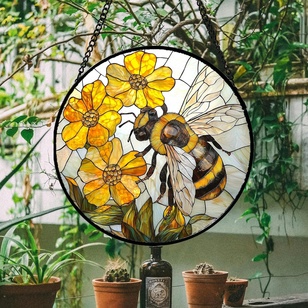 Stained Glass Window Hanging - Yellow Bees Gathering Flowers Sun Catcher for Door Garden Home Decor Cute Suncatcher Christmas Mother's Day Birthday Gifts for Women Men Mom Nana 7.8 in