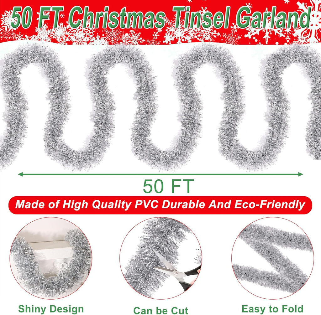 50 Feet Silver White Christmas Tinsel Garland Christmas Decorations, Thick Metallic Twist Shiny Hanging Tinsel Garlands for Xmas Tree Decor Stairs Mantle Fireplace Home Indoor Holiday Party Supplies