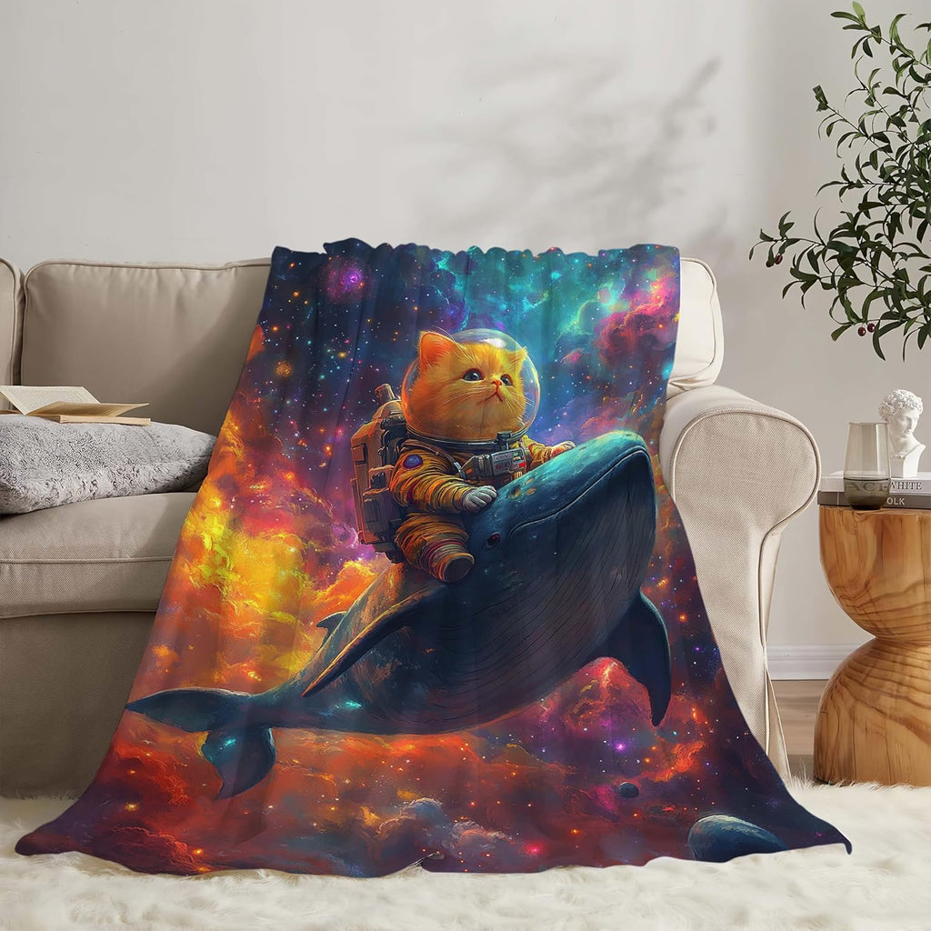 Funny Cat Throw Blanket Universe Space Whale Cat Stuff Gifts for Kids Girls Boys Adults Women Men Soft Cozy Warm Plush Fluffy Fuzzy Fleece Blanket Decor 60''X80''