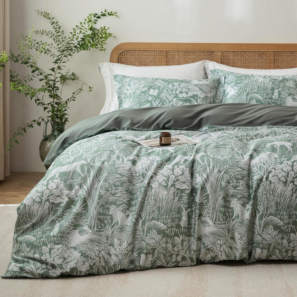 MILDLY Full Size Duvet Cover Set 100% Long-Staple Cotton Luxury Green Floral Patten Reversible Comforter Cover Set 3Pcs