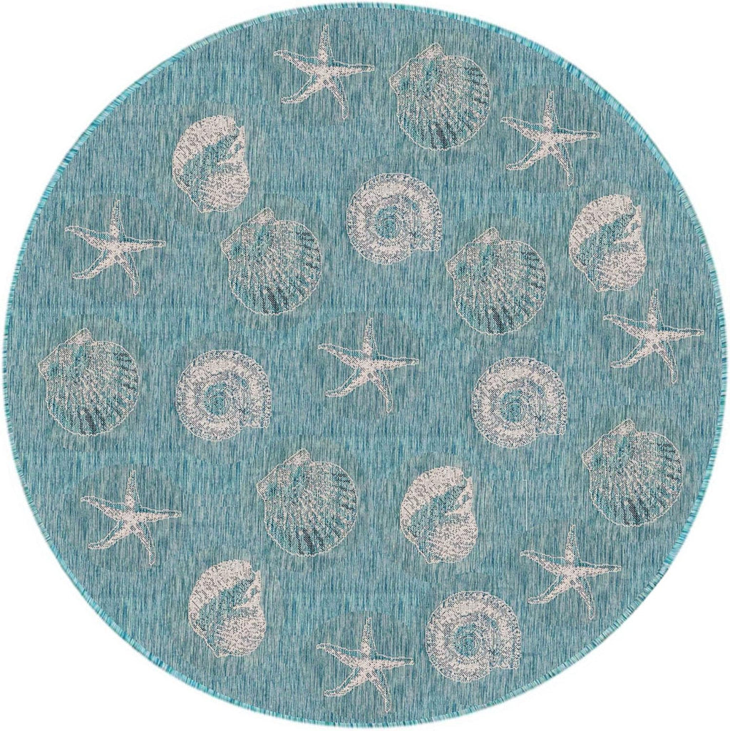 Liora Manne CARMEL Indoor/Outdoor Power Loomed Synthetic Blend Low Profile Area Rug - Transitional Coastal Seashell Decorative (Shells Aqua) (7'10" Round)