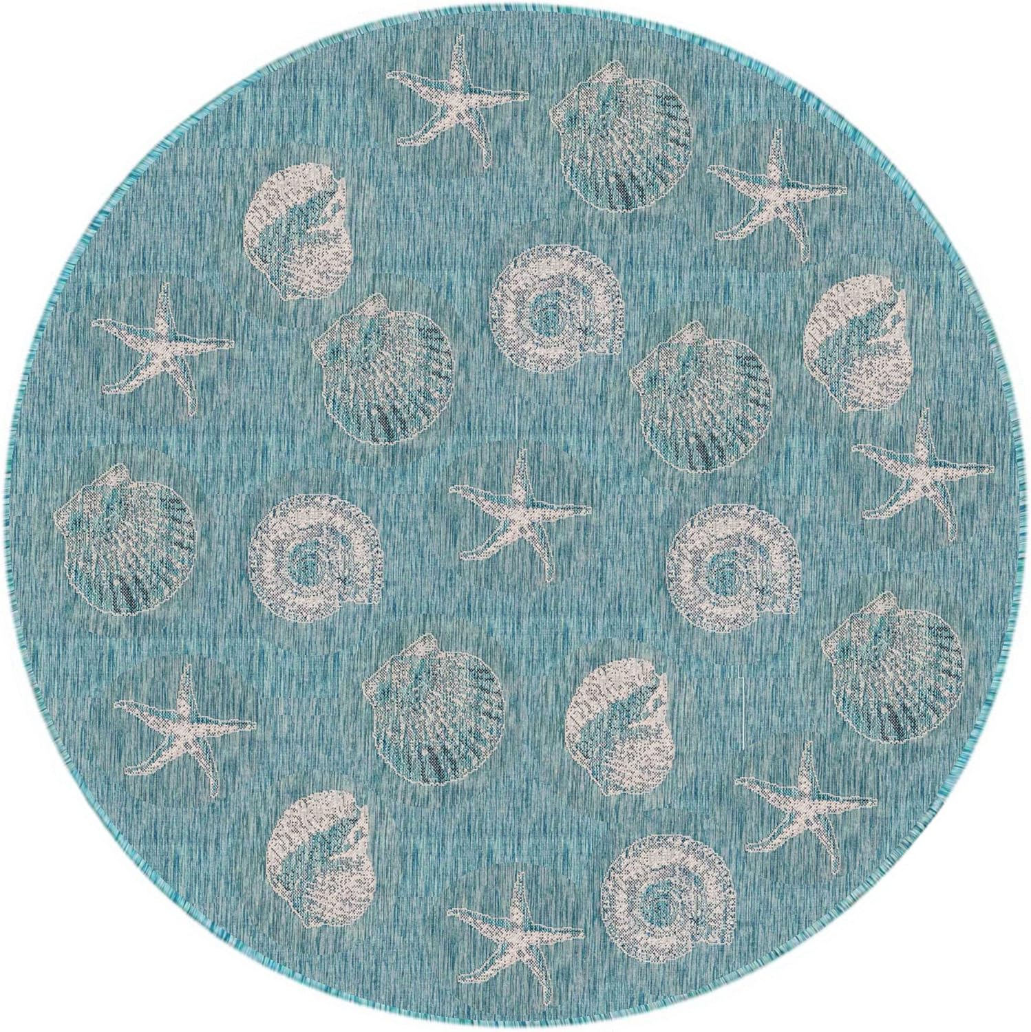 Liora Manne CARMEL Indoor/Outdoor Power Loomed Synthetic Blend Low Profile Area Rug - Transitional Coastal Seashell Decorative (Shells Aqua) (7'10" Round)