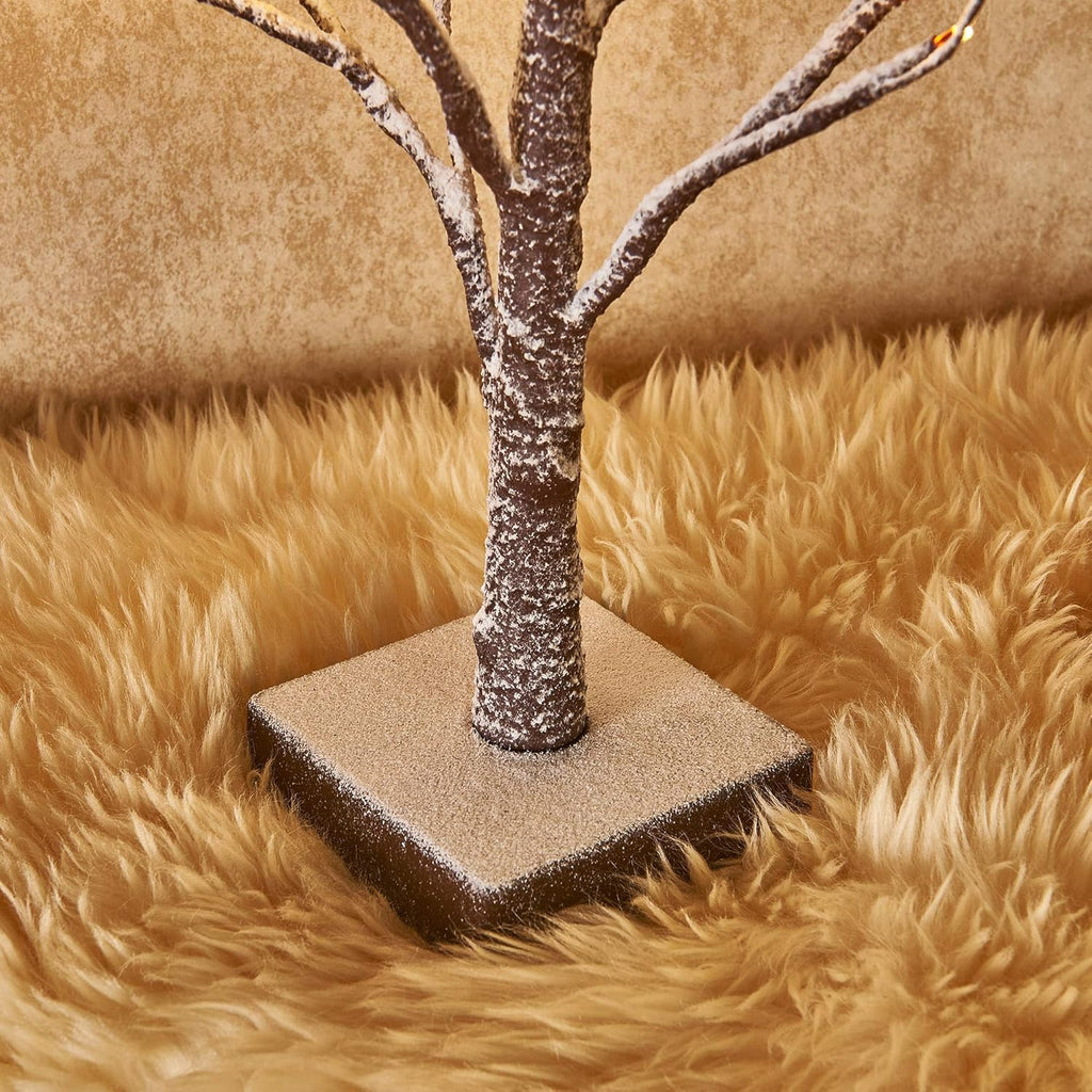 Hairui Lighted Tabletop Artificial Small Tree Snow Dusted 24 LED 18IN Battery Operated with Timer Indoor Use for Halloween Christmas Tree Decoration