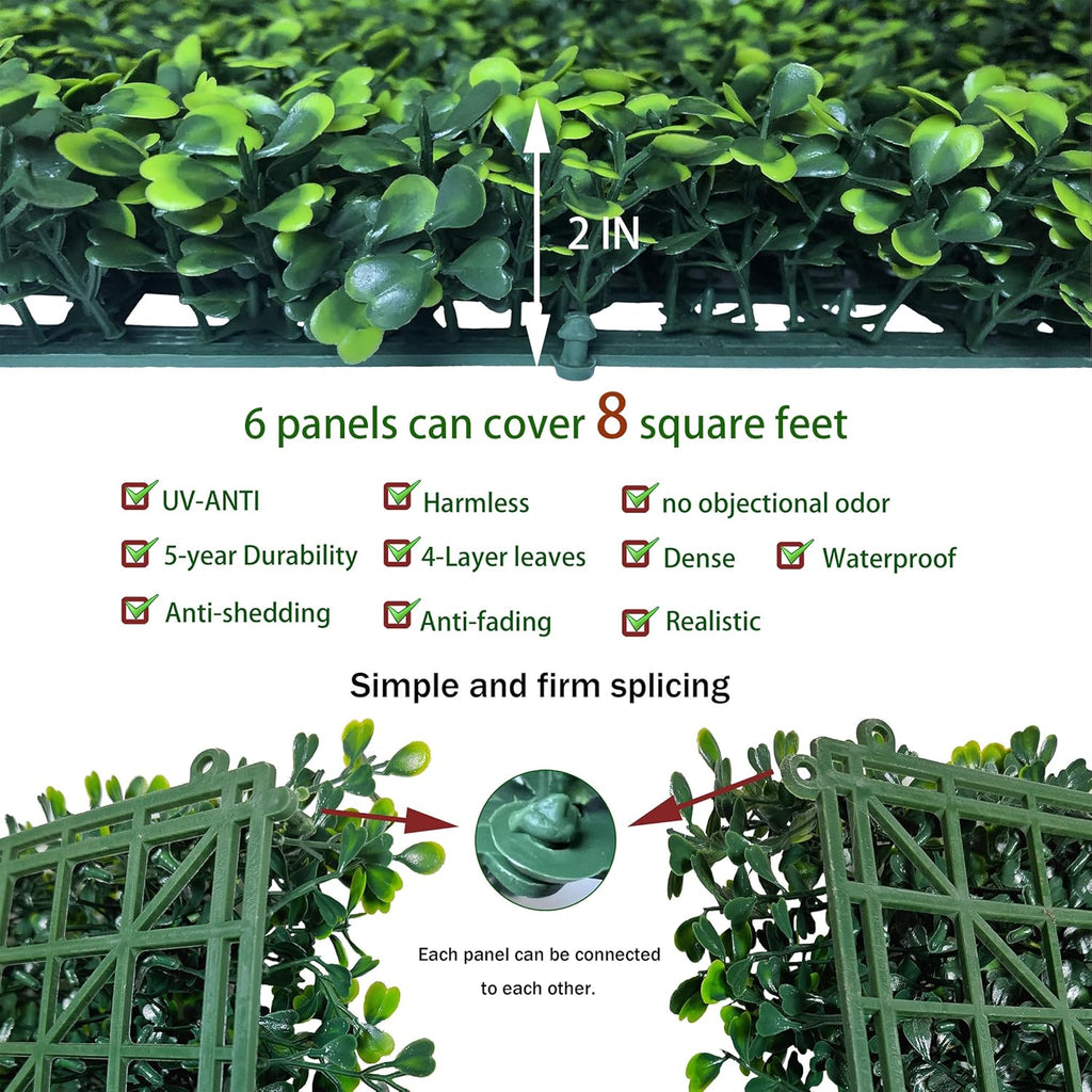 Artificial Grass Wall Panels:16" X 12" 6P (8 sqft) UV-Anti Greenery Boxwood Backdrop for Indoor Outdoor Green Wall Decor & Ivy Fence Covering Privacy