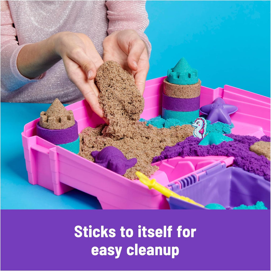 Kinetic Sand, Mermaid Palace Playset Folding Sandbox with 2.06lbs Play Sand (Neon Purple, Shimmer Teal & Beach), Tools, Sensory Toys, Stocking Stuffers for Kids Ages 3 and up