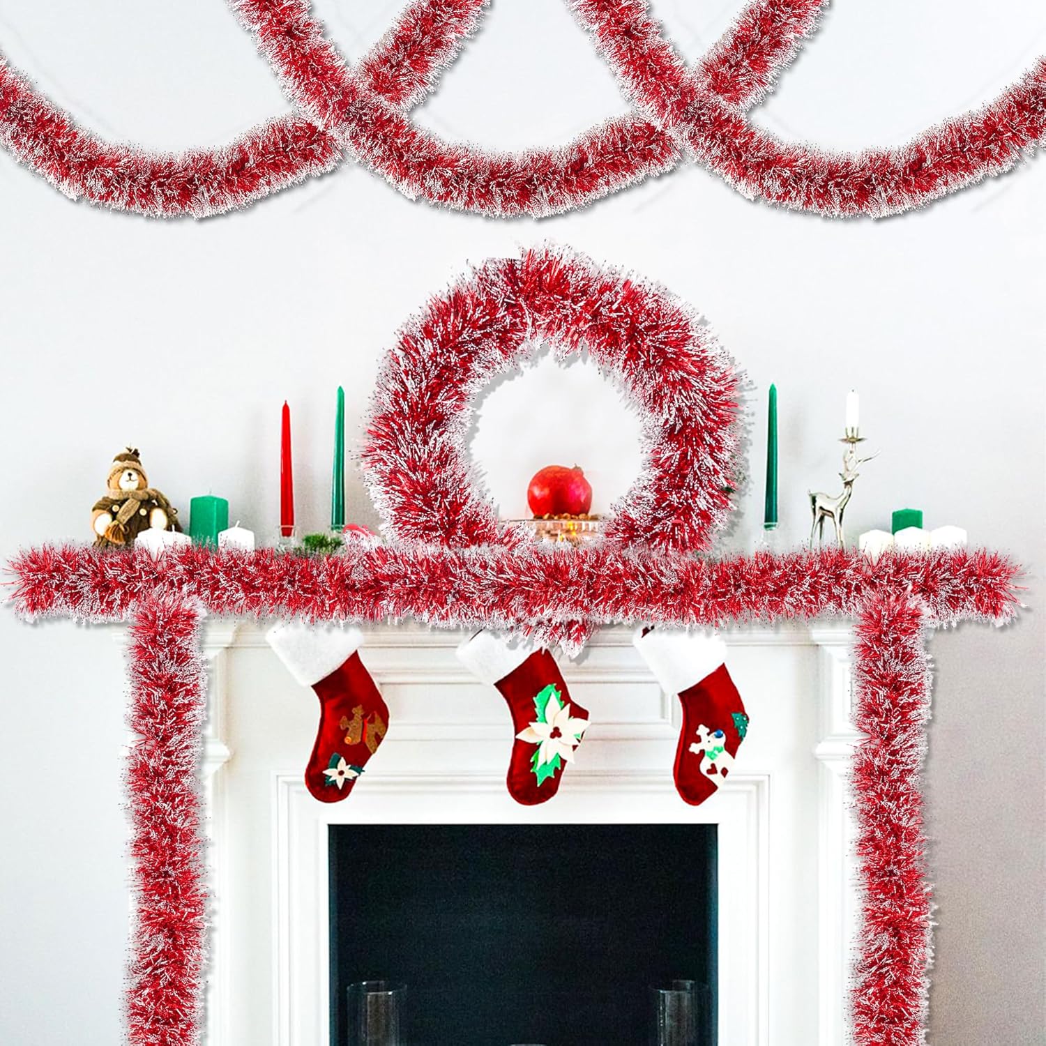 50 Feet Red White Christmas Tinsel Garland Christmas Decorations, Thick Metallic Twist Shiny Hanging Tinsel Garlands for Xmas Tree Decor Stairs Mantle Fireplace Home Indoor Holiday Party Supplies