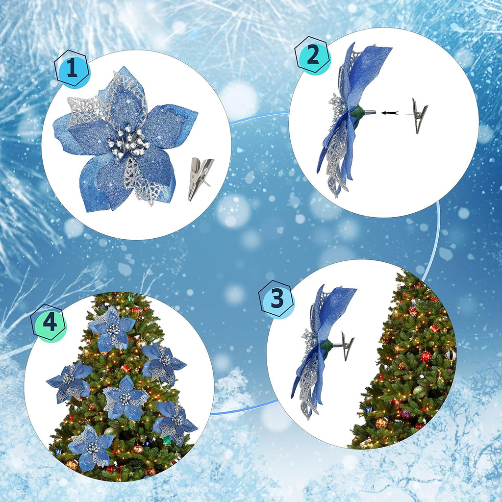 12 PCS Poinsettia Flower Artificial Poinsettia Christmas Decoration 5.9'' Blue Glitter Poinsettias Christmas Ornaments Christmas Tree Flower Decor with Clips DIY Xmas Wreath Holiday Home Party Decor