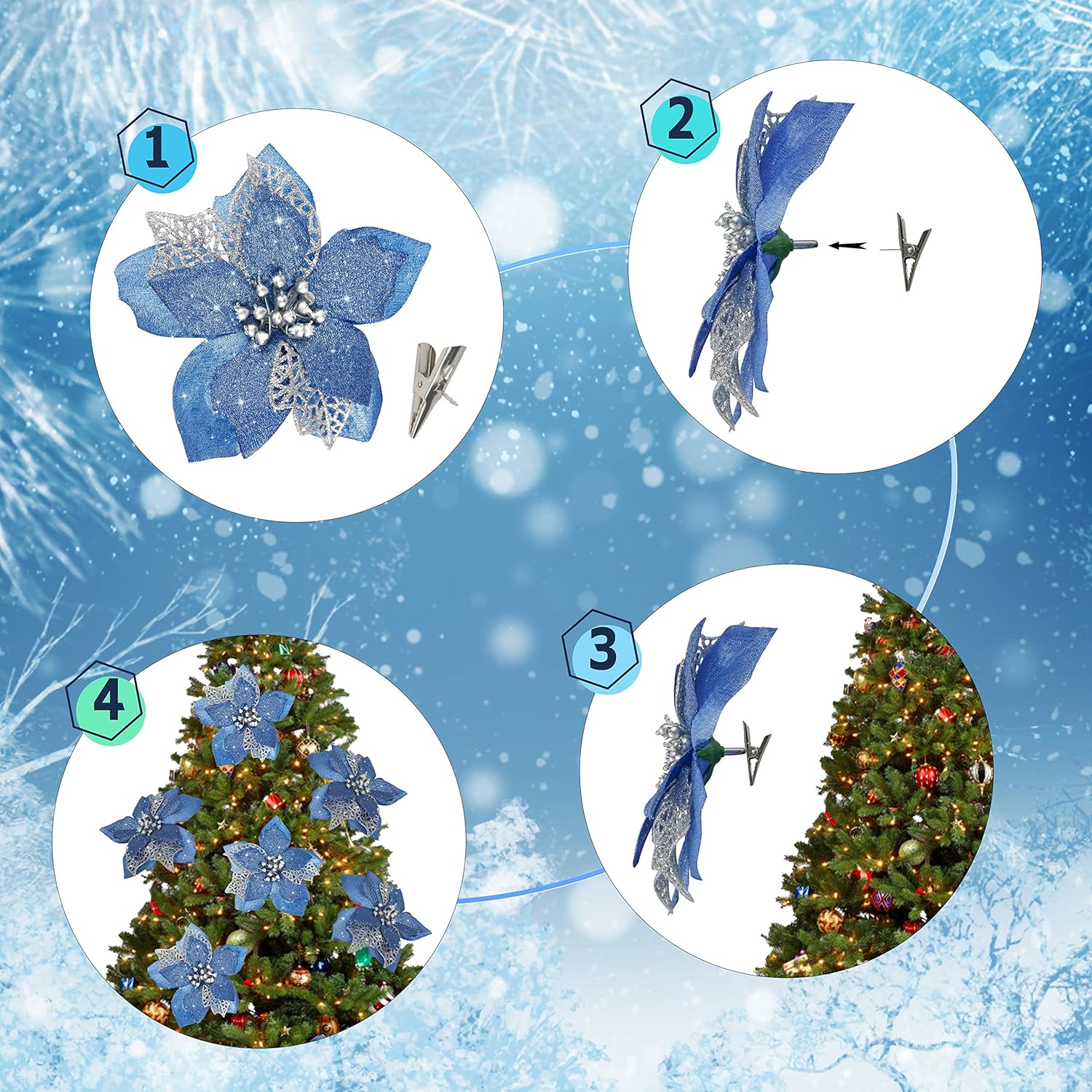 12 PCS Poinsettia Flower Artificial Poinsettia Christmas Decoration 5.9'' Blue Glitter Poinsettias Christmas Ornaments Christmas Tree Flower Decor with Clips DIY Xmas Wreath Holiday Home Party Decor