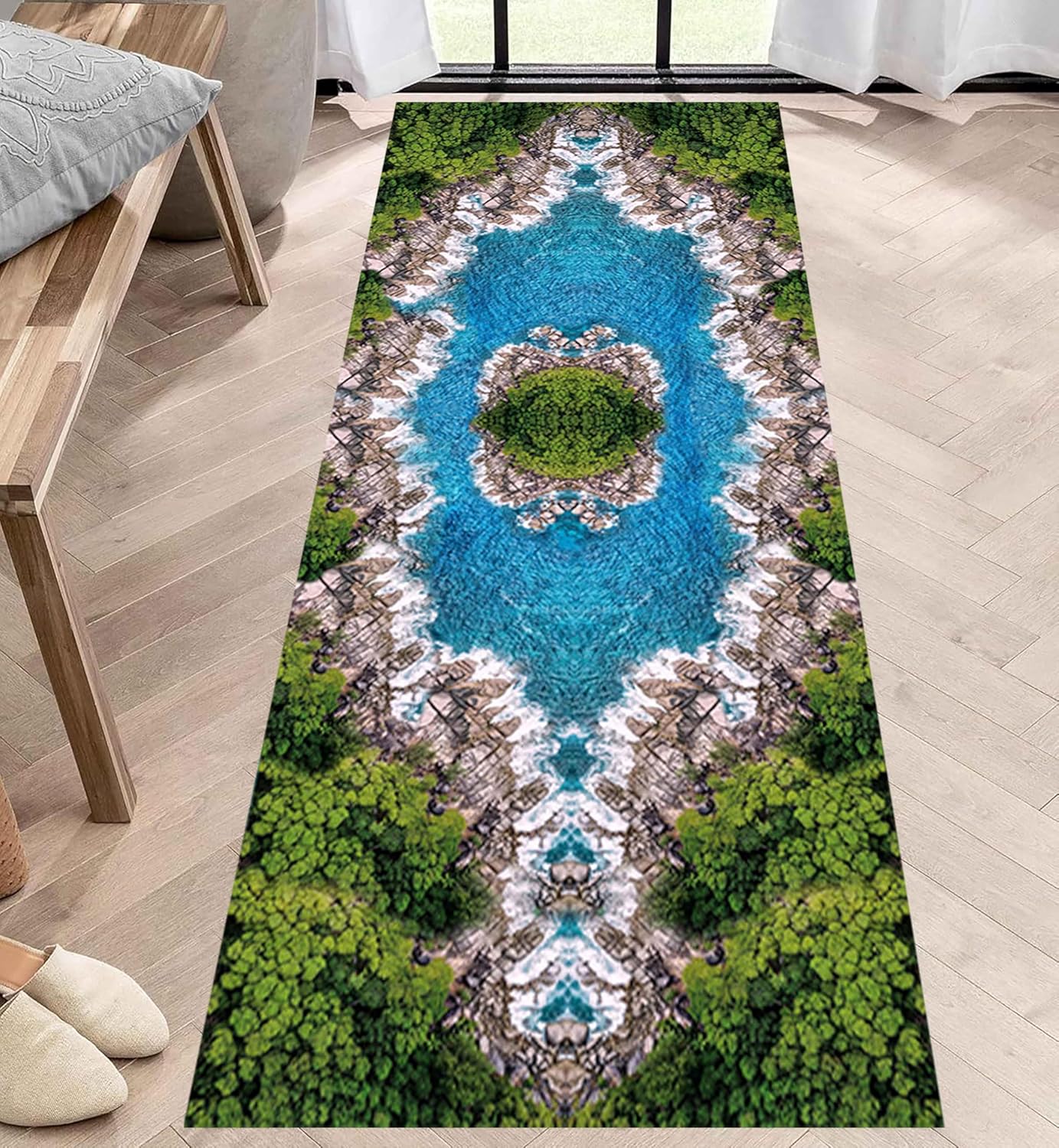 3D Landscape Rug, 4x12ft, 3D Lake Cliff Rock Islands Forest Natural Landscape Optical Illusion Runner Rug, Non-Shedding Foldable Decorate Carpets for Dining Dorm Living Room
