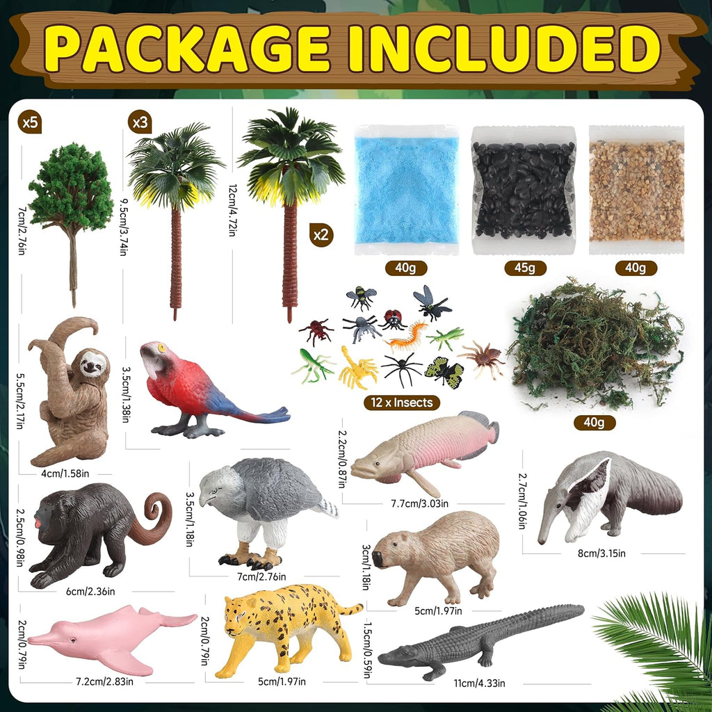 37PCS Rainforest Animals Figures Toys Set, Rainforest Diorama Supplies Include Jungle Animal Figurines,Trees, Moss, Sand, Stones for Kids Historical Education School Project Decoration Birthday