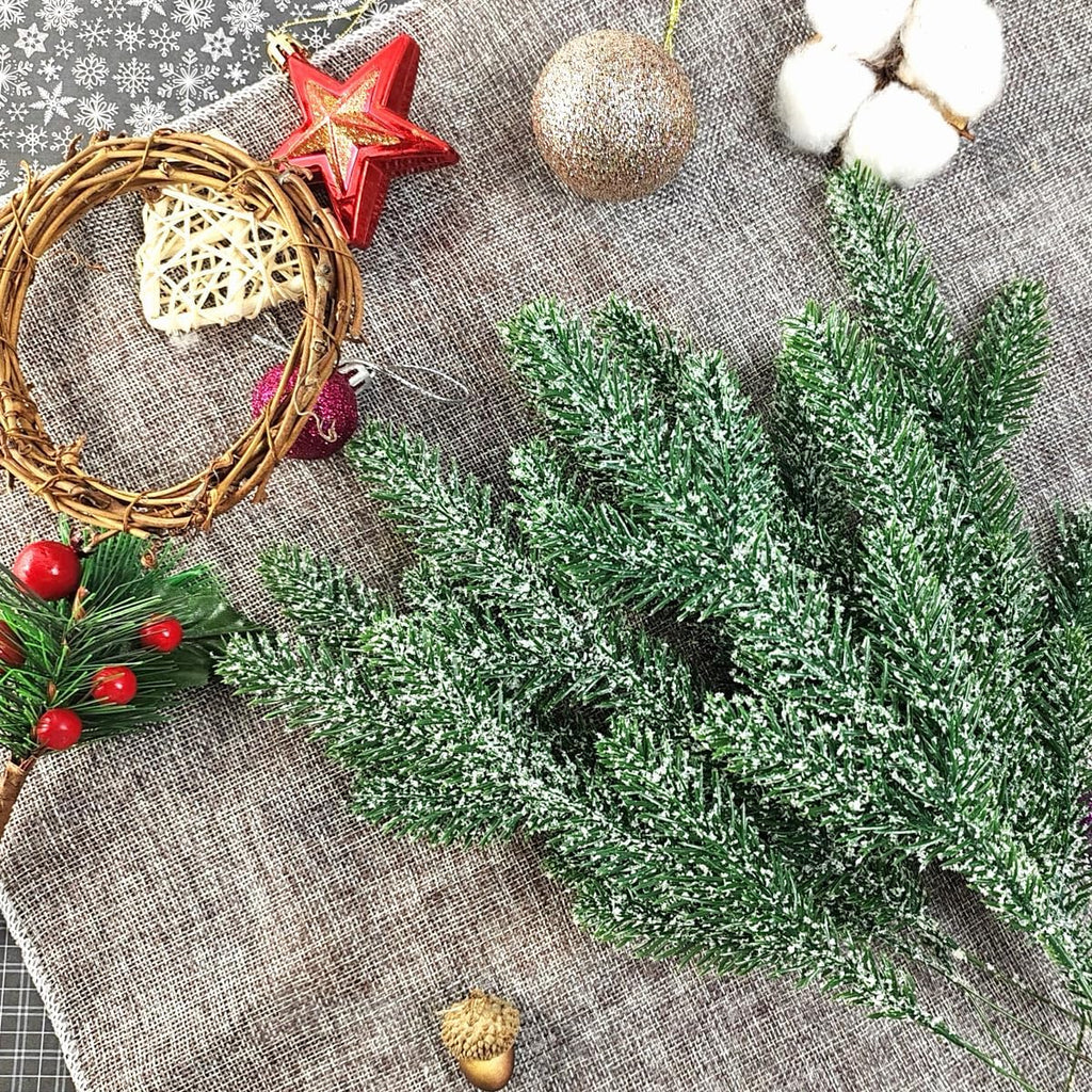 TIHOOD 25PCS 11.8” Artificial Flocking Pine Picks Snow Forest Artificial Pine Needles Branches Christmas Fake Greenery Tree Branches DIY Leaves for Christmas Wreaths Garden Party Holiday Decor
