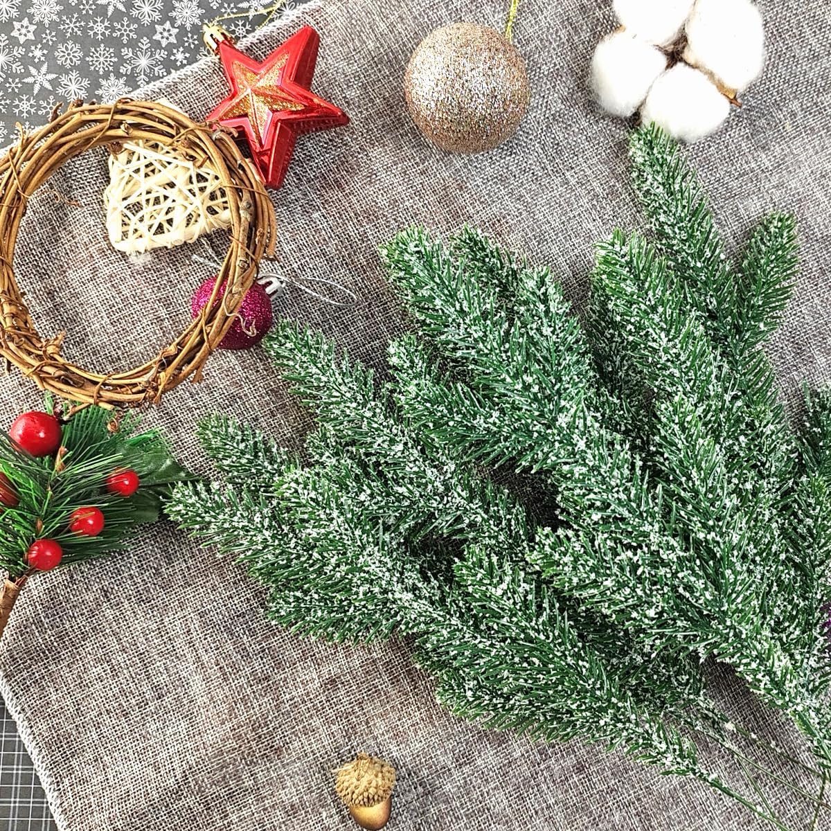 TIHOOD 25PCS 11.8” Artificial Flocking Pine Picks Snow Forest Artificial Pine Needles Branches Christmas Fake Greenery Tree Branches DIY Leaves for Christmas Wreaths Garden Party Holiday Decor