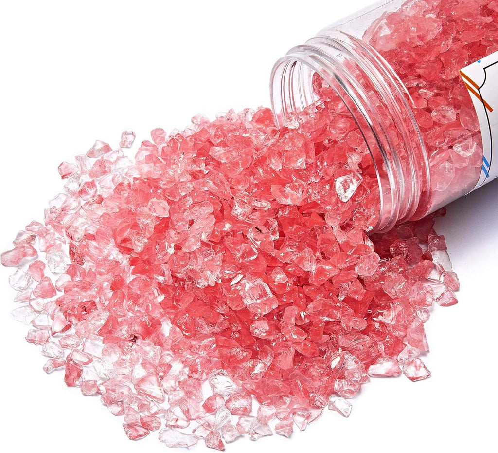 TWINKLING High Luster Fire Glass Gravel Stone Glitter,Broken Glass,Fire Gems Chips,Crushed Glass for Fire Pit Crafts Resin Art Aquarium Garden Decoration,3-6mm,1-Pound Jar (Watermelon Red)