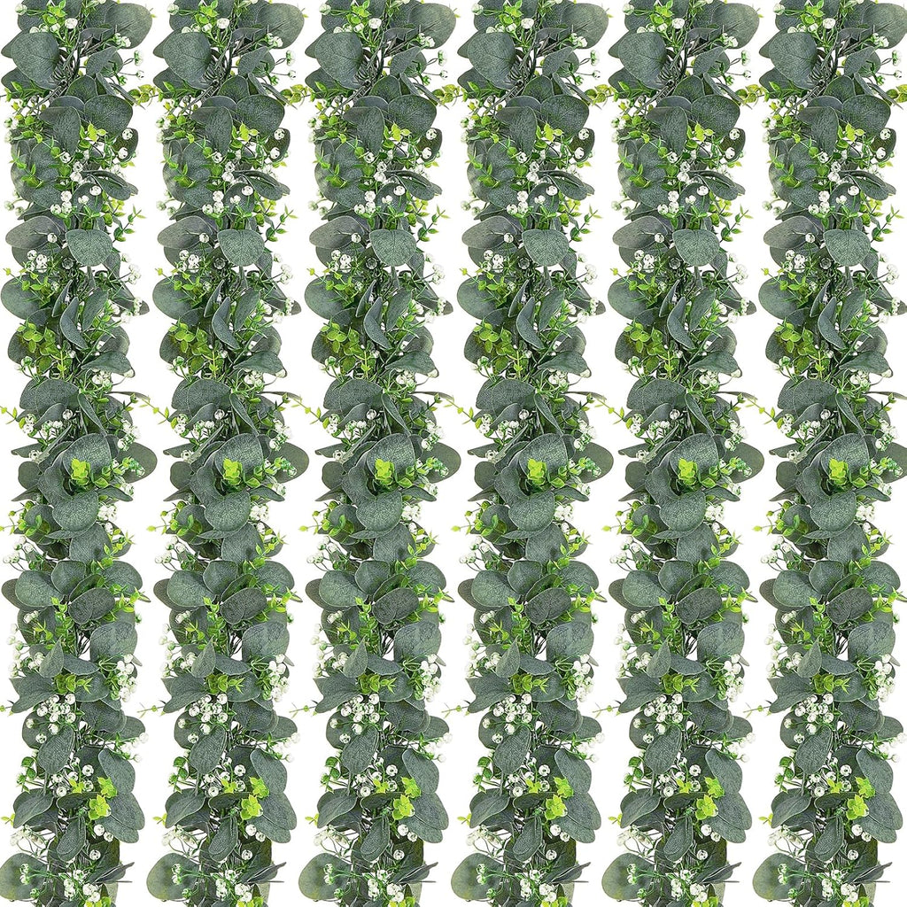Dolicer 6 Packs 6FT Artificial Eucalyptus Garland, Faux Greenery Garland Fake Vines Hanging Silver Dollar Eucalyptus Leaves for Wedding Backdrop Arch Table Wall Party Home Decor