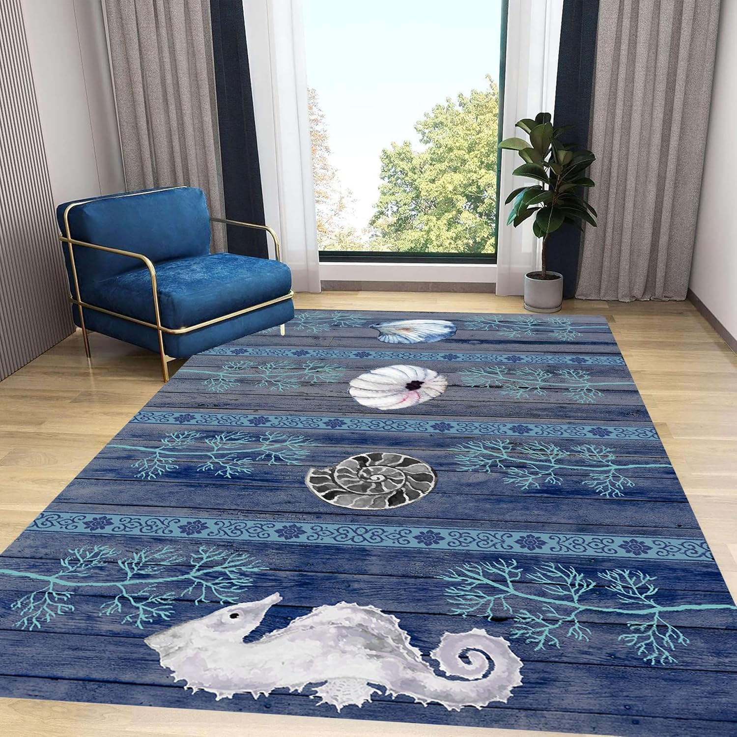 Nautical Living Room Rug, 4x6ft, Ocean Theme Conch Shell Seahorse Indoor Rugs, Beach Waterweed Kitchen Decor Mats, Durable Shed Resistant Cozy Easy Clean Carpet for Bedroom Family