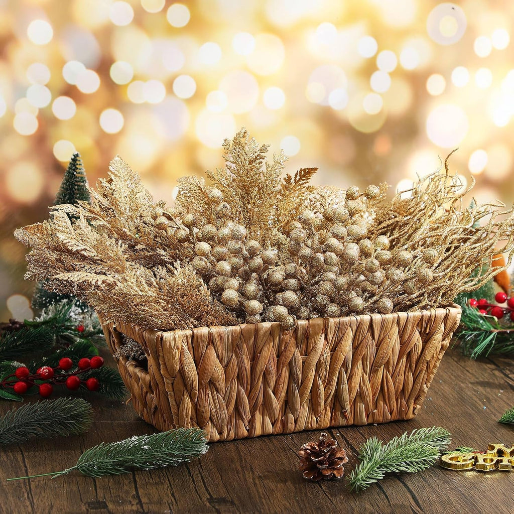 75 Pcs Christmas Glitter Branches 3 Styles Artificial Christmas Picks Berries Stems Pine Needles Floral Twig Spray for Xmas Tree Ornaments DIY Wreath Garland(Light Gold)