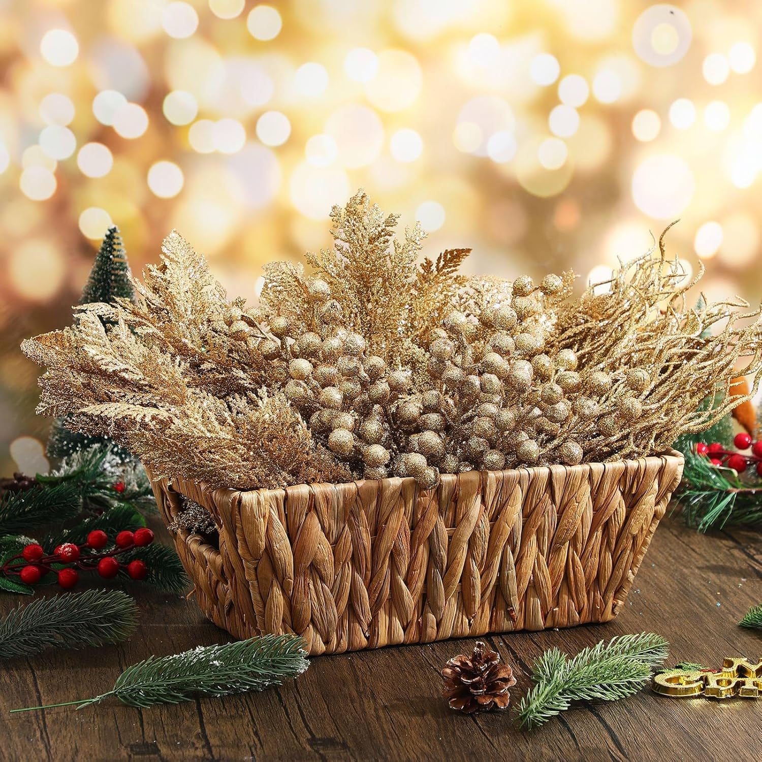 75 Pcs Christmas Glitter Branches 3 Styles Artificial Christmas Picks Berries Stems Pine Needles Floral Twig Spray for Xmas Tree Ornaments DIY Wreath Garland(Light Gold)
