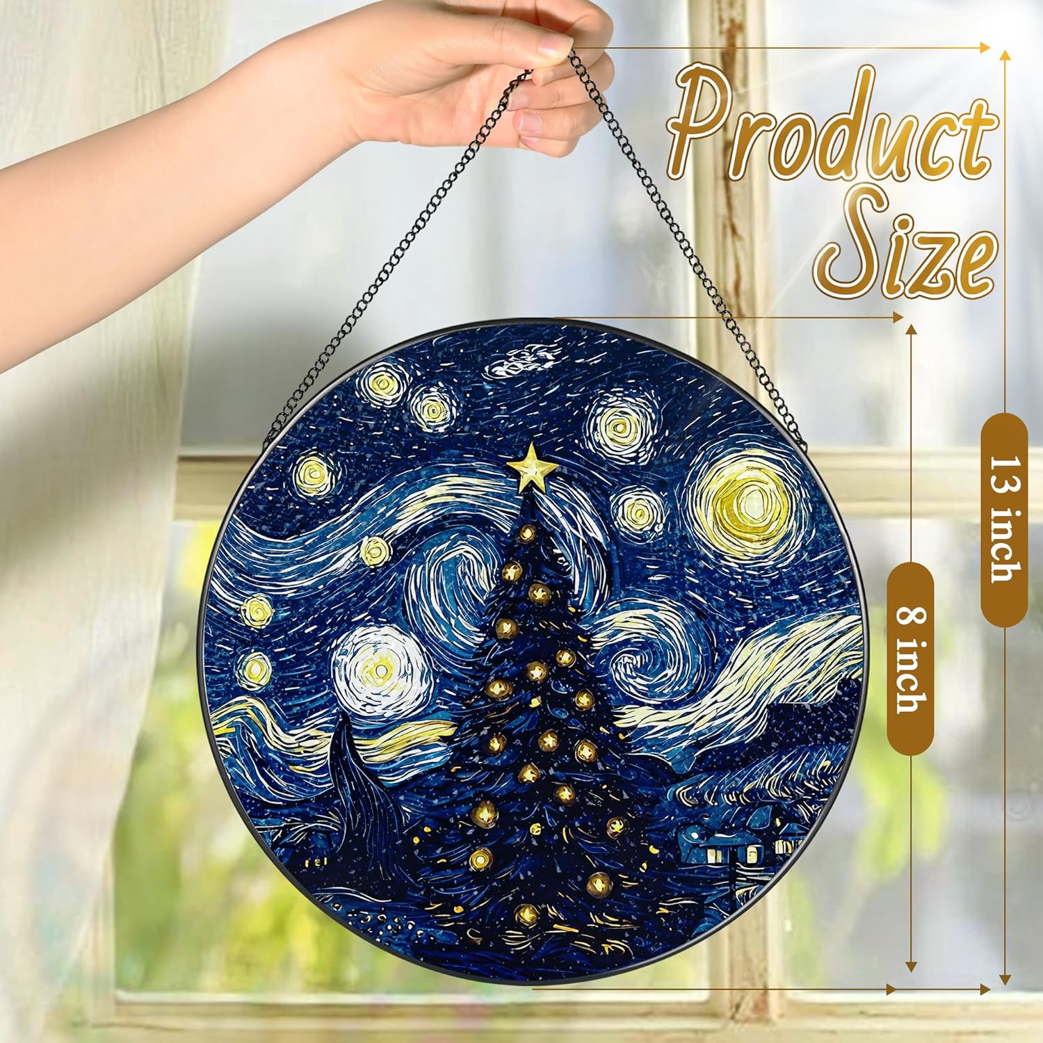 8-Inch Starry Night Christmas Tree Suncatcher Ornament, Stained Glass Window Hanging & Stained Glass Holiday Ornament, Sun Catcher Window Decor, Van Gogh’s Keepsake, Gifts for Christmas & Holidays