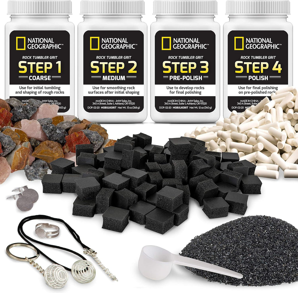 National Geographic Rock Tumbler Refill Kit – Rock Tumbling Supplies Including Rock Tumbler Grit and Polish Refill, Ceramic Media, GemFoam, 3 lbs Madagascar Rocks for Tumbling, Jewelry Accessories