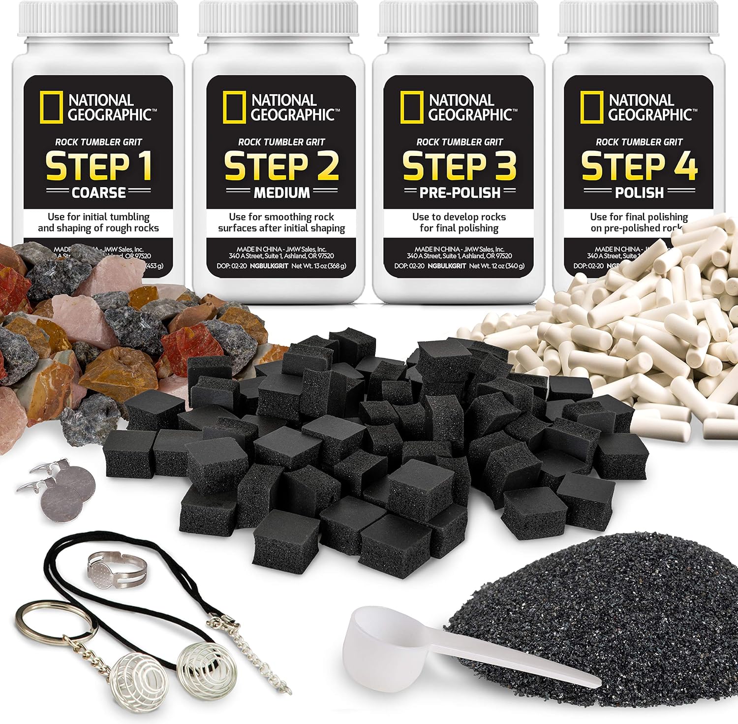 National Geographic Rock Tumbler Refill Kit – Rock Tumbling Supplies Including Rock Tumbler Grit and Polish Refill, Ceramic Media, GemFoam, 3 lbs Madagascar Rocks for Tumbling, Jewelry Accessories