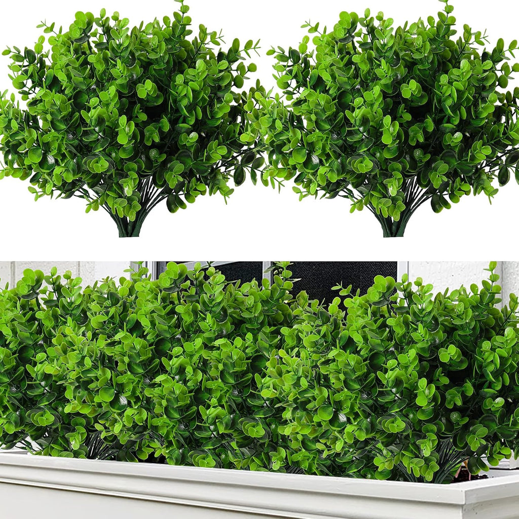 RECUTMS 12 Bundles Artificial Bushes Greenery Plants Stems Faux Shrubs Boxwood Plants Outdoor UV Resistant Fake Eucalyptus for Farmhouse Home Office Wedding Patio Backyard Indoor Outdoor Decor(Green)