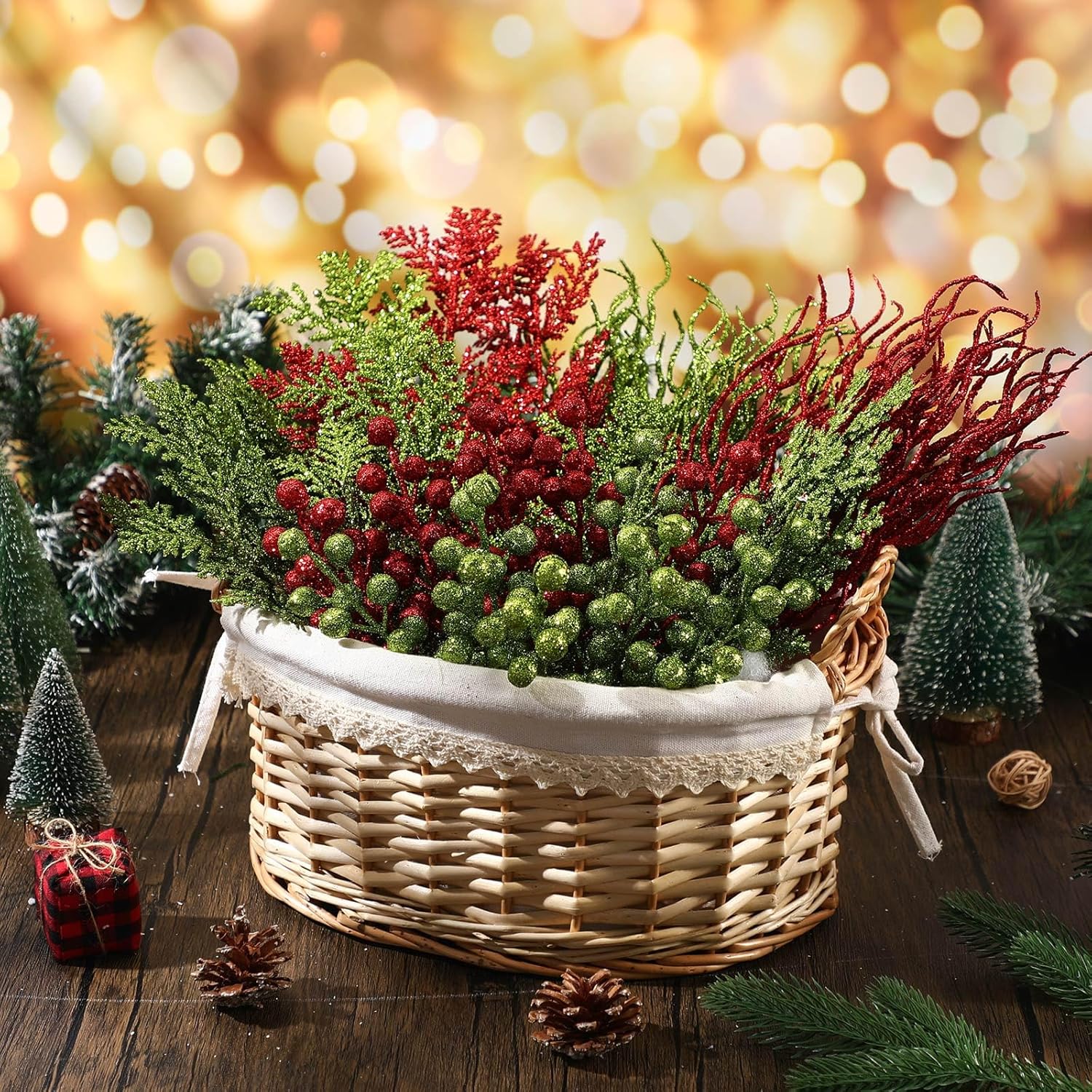 75 Pcs Christmas Glitter Branches 3 Styles Artificial Christmas Picks Berries Stems Pine Needles Floral Twig Spray for Xmas Tree Ornaments DIY Wreath Garland(Red, Green)
