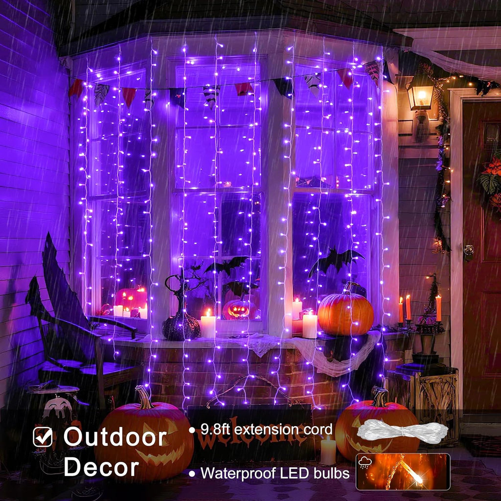 JMEXSUSS 300LED Purple Christmas Lights with Remote, Curtain Hanging Light Plug in, 8 Modes Purple String Lights for Bedroom Window Wall Party Backdrop Halloween Christmas Decorations