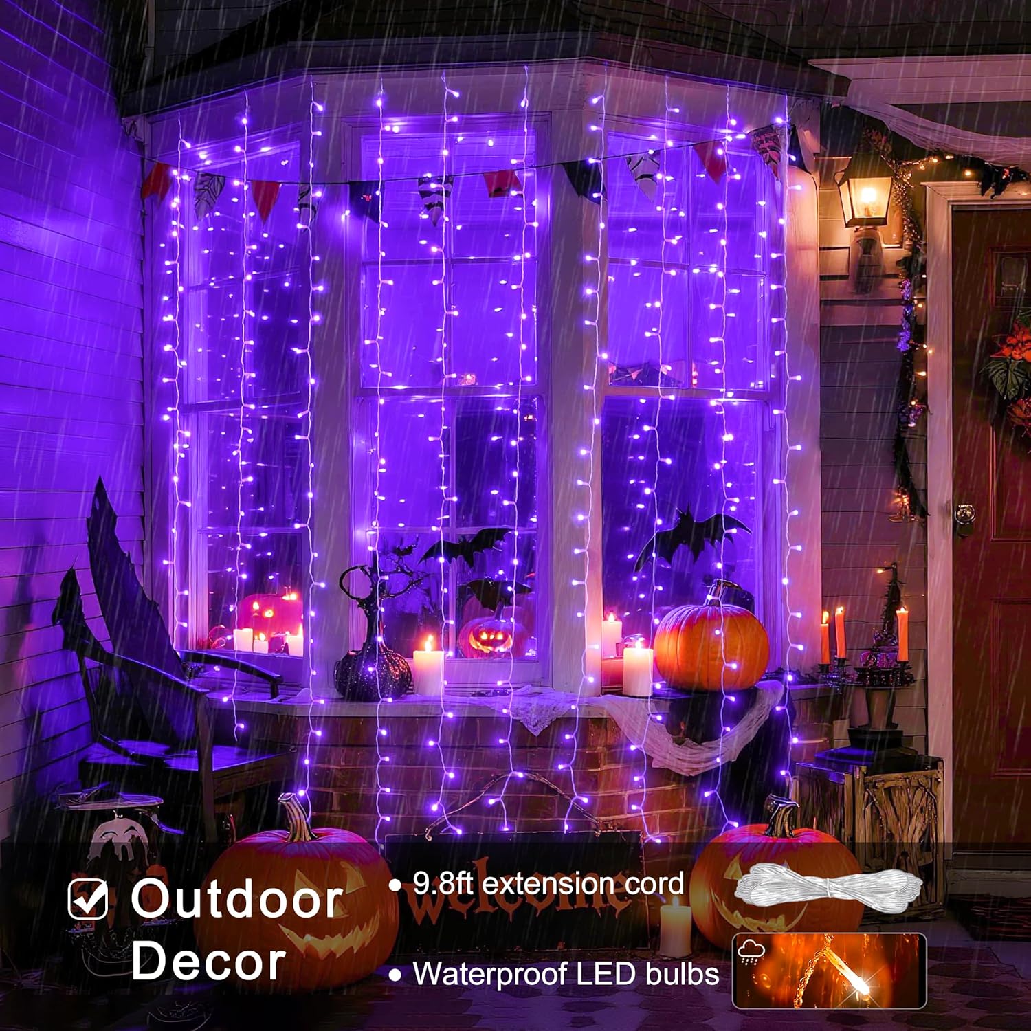 JMEXSUSS 300LED Purple Christmas Lights with Remote, Curtain Hanging Light Plug in, 8 Modes Purple String Lights for Bedroom Window Wall Party Backdrop Halloween Christmas Decorations