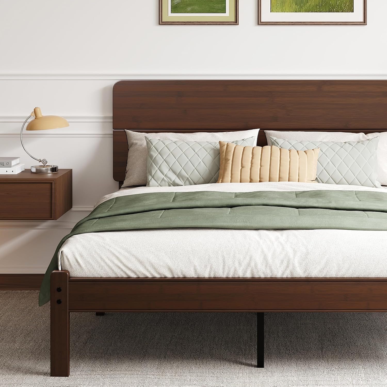 14in High Solid Bamboo Wood Platform Full Size Bed Frame with Headboard, Reinforced Heavy Duty Metal Slats, Noise Free, No Box Spring Needed, Easy Assembly, Walnut
