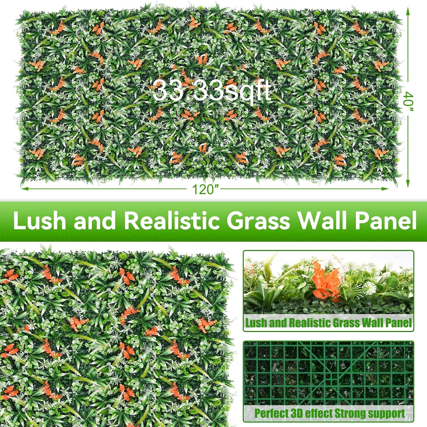 Greenery Wall Roll Panels, 40"x120"(33.33 SQFT) UV Protected Fake Grass Backdrop Privacy Fence Screen, Artificial Hedges for Outdoors Indoors Green Decor