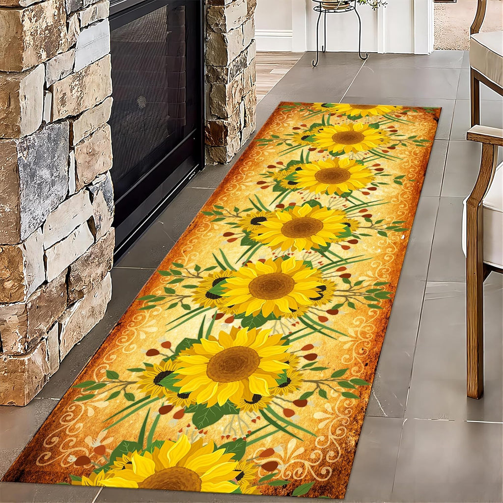 Vintage Sunflower Runner Rug, 2.6x7ft, Yellow Watercolor Bouquet Art Runner for Entryway, with Non Slip Backing Washable Area Rug, Durable Anti-Skid Rubber Backed Playing Mat for Indoor