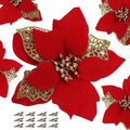 12 PCS Poinsettia Flower Artificial Poinsettia Christmas Decoration 5.9'' Red Glitter Poinsettias Christmas Ornaments Christmas Tree Flower Decor with Clips DIY Xmas Wreath Holiday Home Party Decor