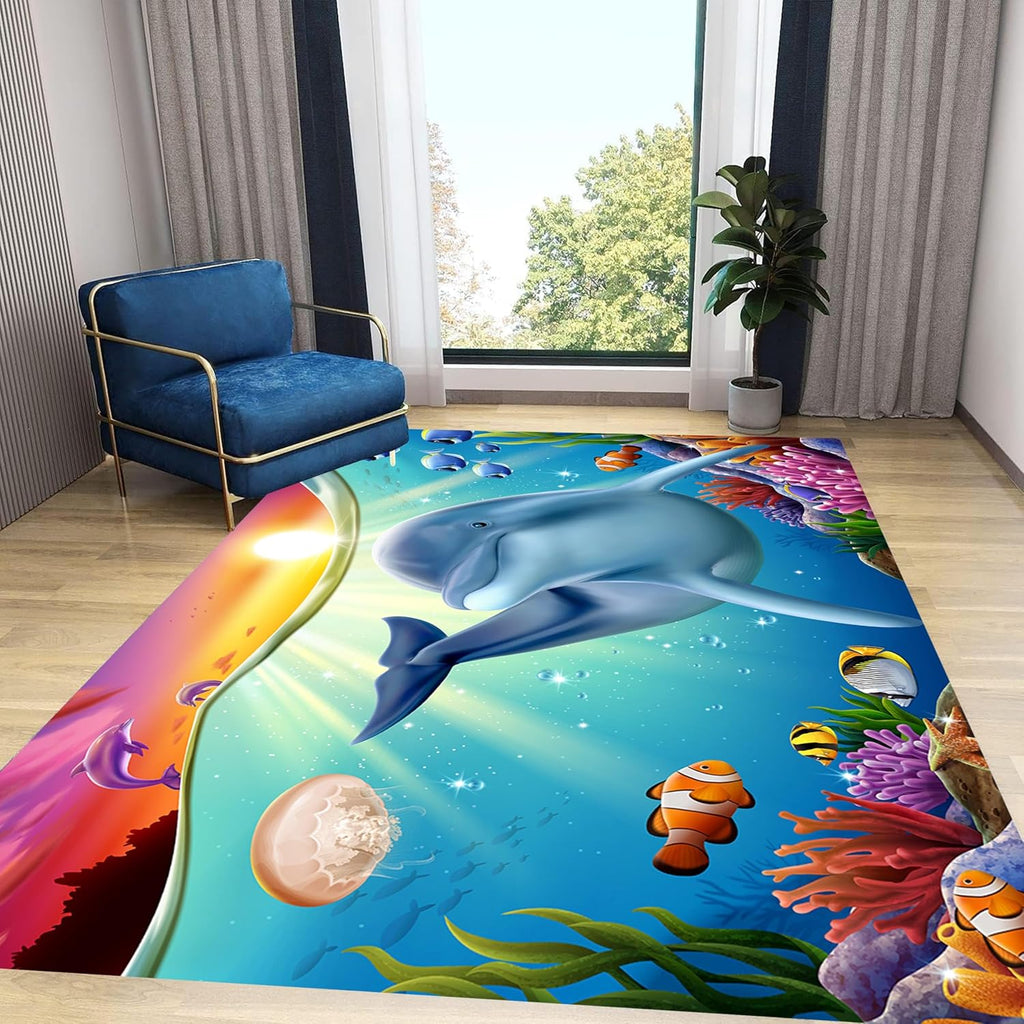 Blue Dolphin Area Rug for Bedroom, 5x7ft, Undersea Ocean Animal Print Indoor Carpet, Beach Tropical Fish Home Decor Playing Mat, Low Pile Breathable Non Shedding Rugs for Kids Room