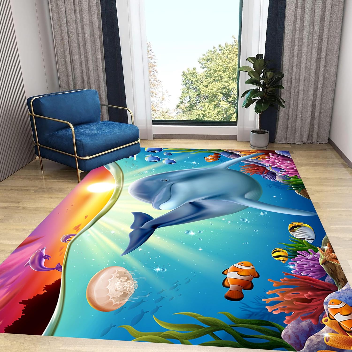 Blue Dolphin Area Rug for Bedroom, 6x9ft, Undersea Ocean Animal Print Indoor Carpet, Beach Tropical Fish Home Decor Playing Mat, Low Pile Breathable Non Shedding Rugs for Kids Room