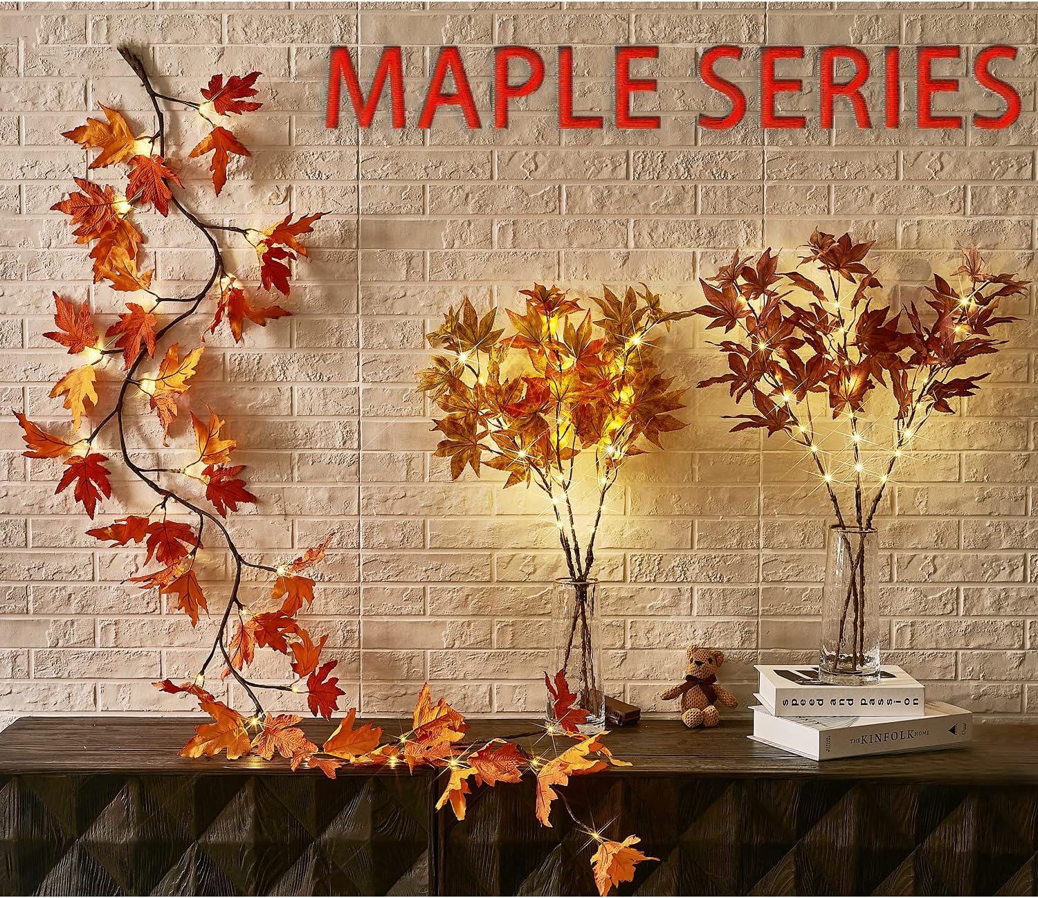 Fudios Lighted Maple Leaf Garland with Timer 24 Warm White LED 6FT for Fall Thanksgiving Decor, Artificial Garland with Lights Battery Operated Harvest Christmas Decoration Indoor Outdoor